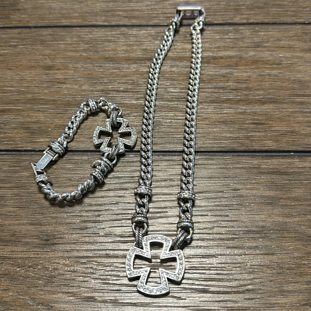 Brighton Maltese Cross Bracelet & Necklace Antiqued Silver Tone Rhinestones Link